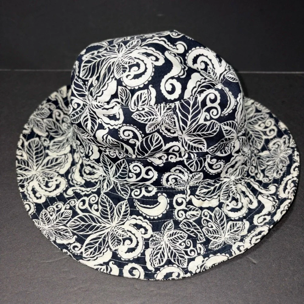 Navy Blue White Paisley Floral Cotton Bucket Hat Wide Brim Sun Hat RN 17730